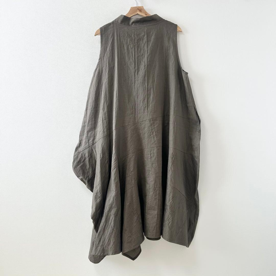慈雨　ロングワンピース　変形　ノースリーブ　カーキ　コットン　麻　40