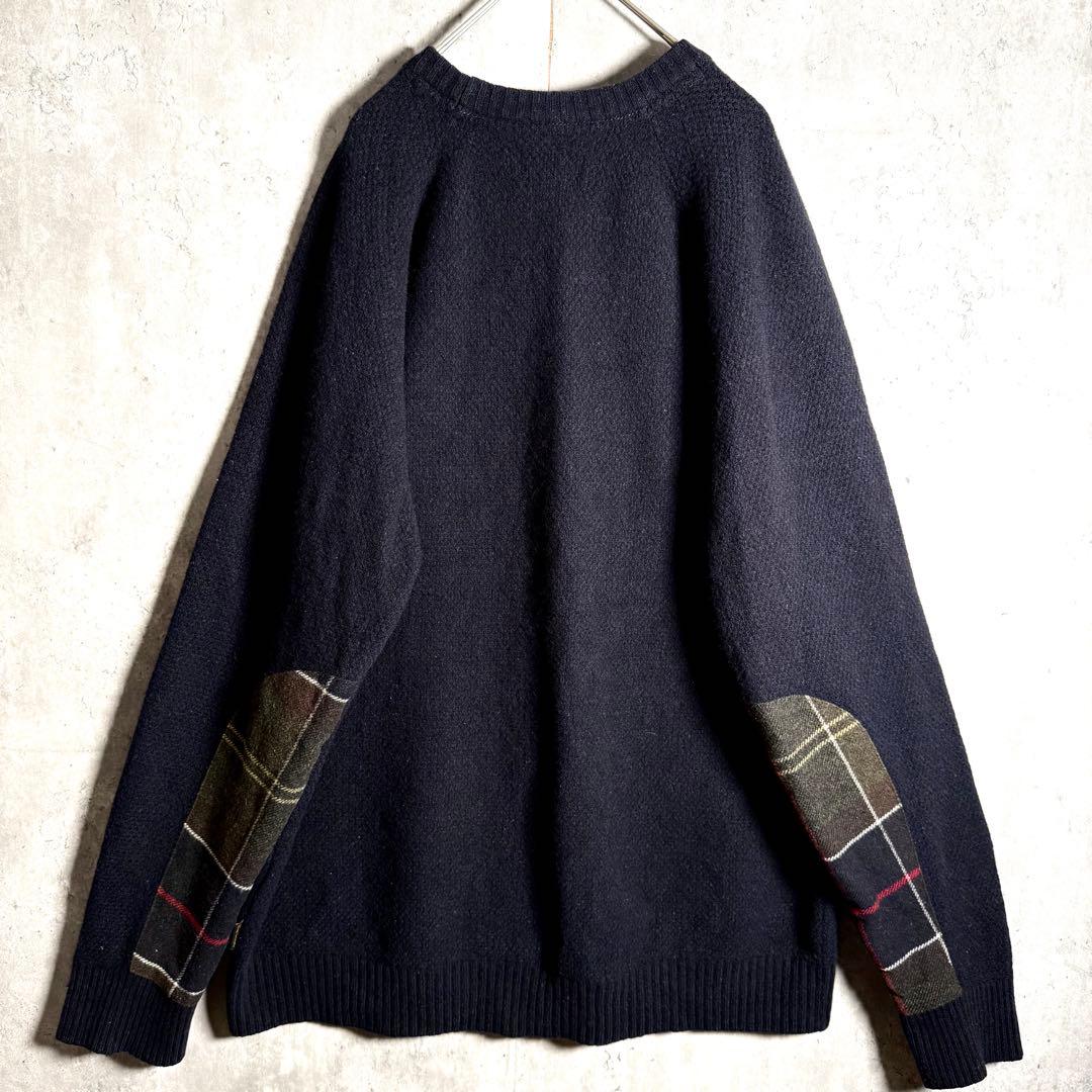 ⭐️希少⭐️バブアー Barbour ニット L アームパッチ チェック ウール 紺