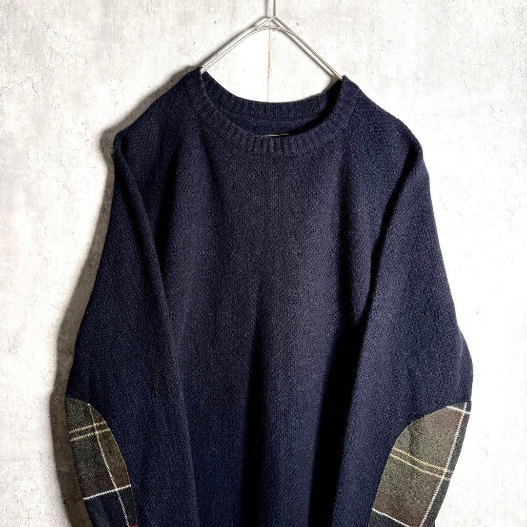 ⭐️希少⭐️バブアー Barbour ニット L アームパッチ チェック ウール 紺