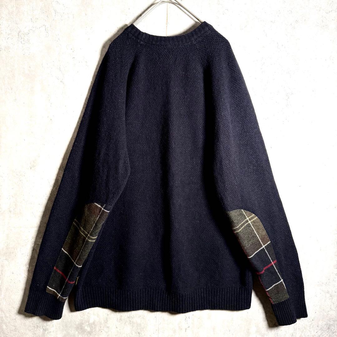 ⭐️希少⭐️バブアー Barbour ニット L アームパッチ チェック ウール 紺