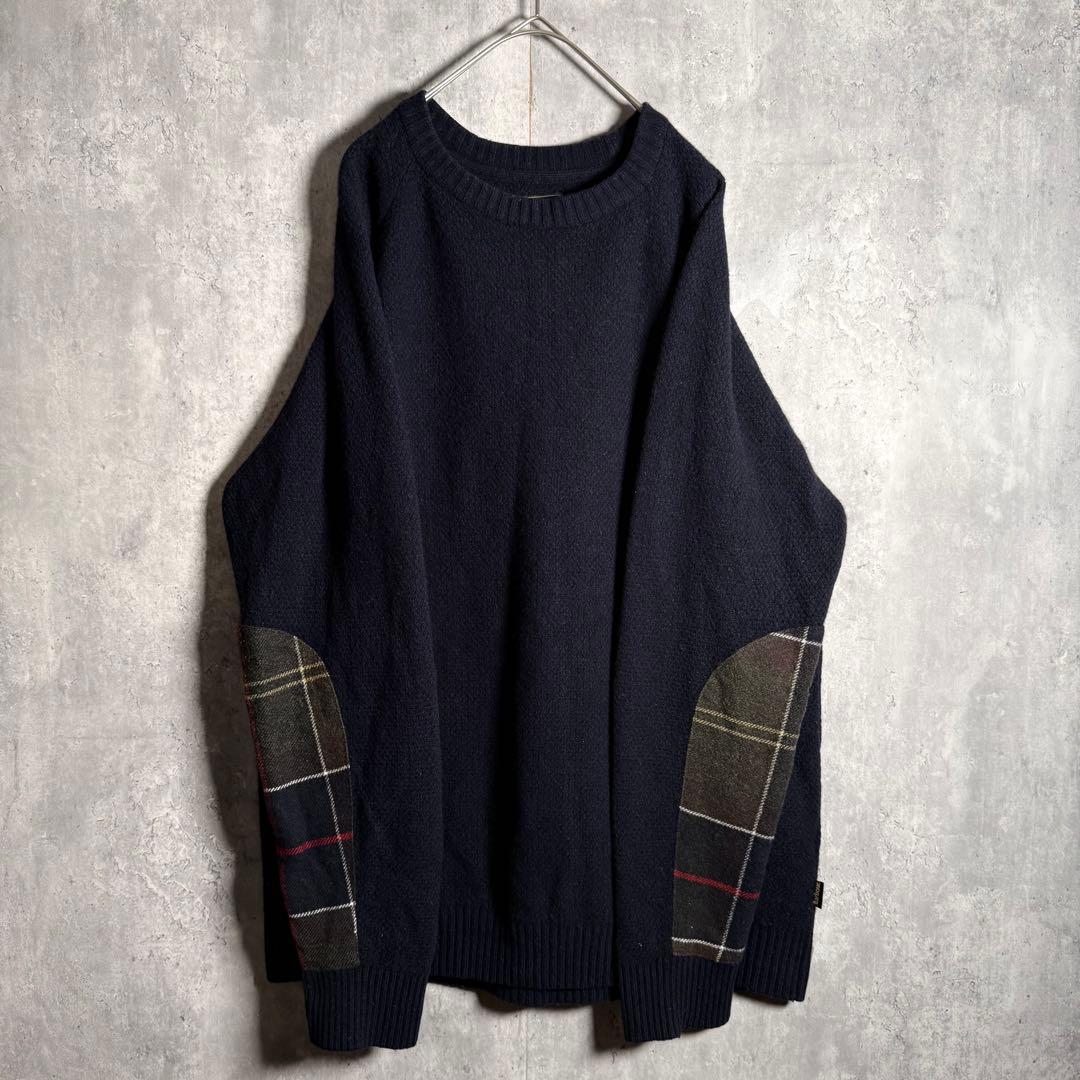 ⭐️希少⭐️バブアー Barbour ニット L アームパッチ チェック ウール 紺