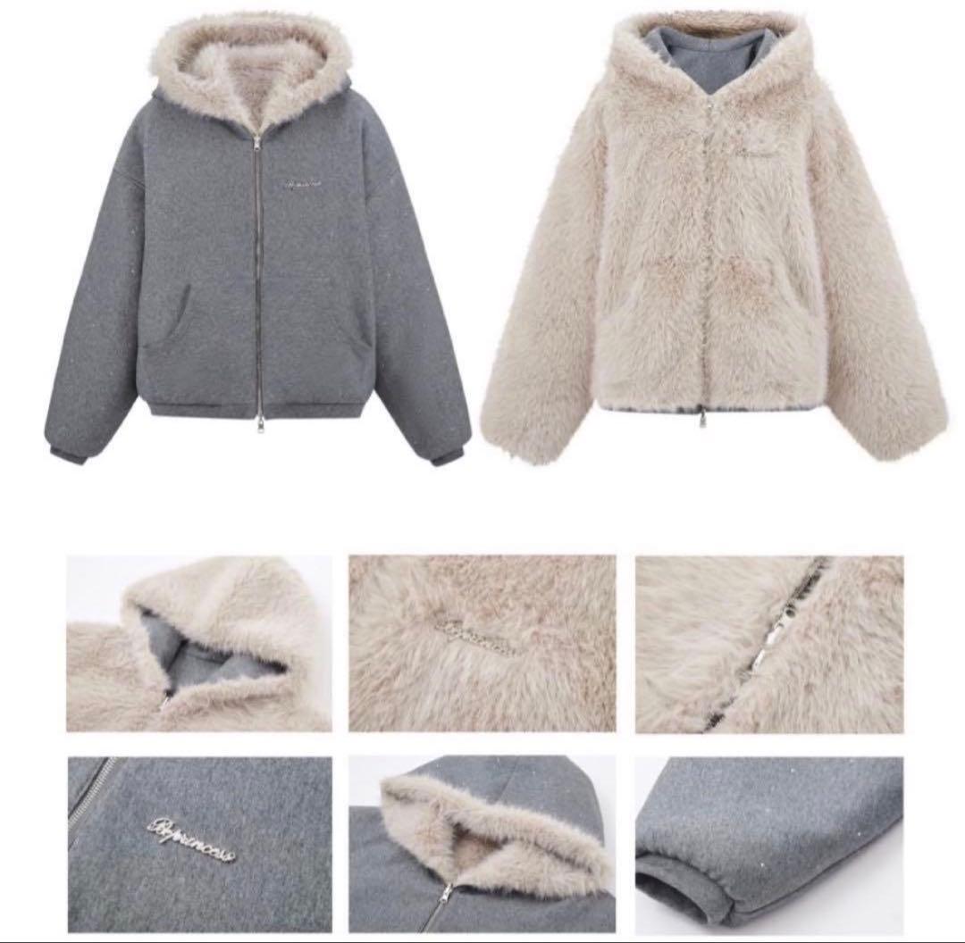 andwang Kirakira 2way fur zip up グレー