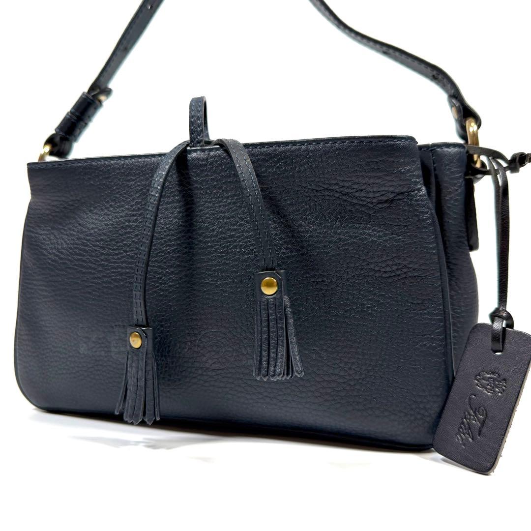 【未使用級】【近年】フェリージ　ショルダーバッグ　シボ革　タッセル　ネイビー