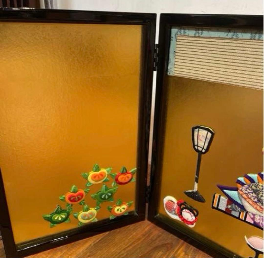 美品　押絵びな　江戸ちりめん　三枚屏風　お雛様　ひな祭り