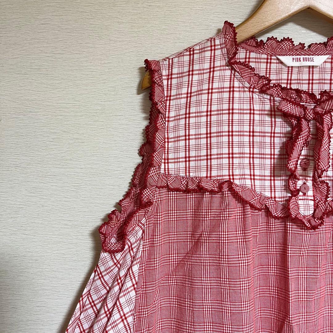ピンクハウス PINKHOUSE ノースリーブチュニック チェック 赤 リボン