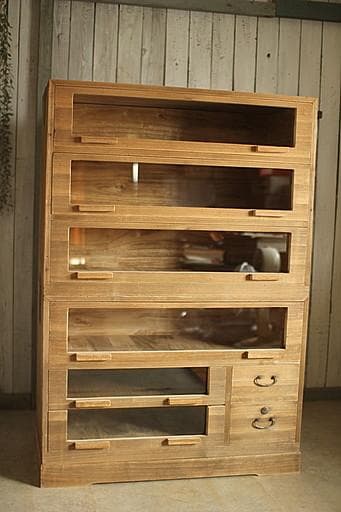 前面ガラスの引き出し3段×小引き出し2段　食器棚　シャツケース　タンス　古家具