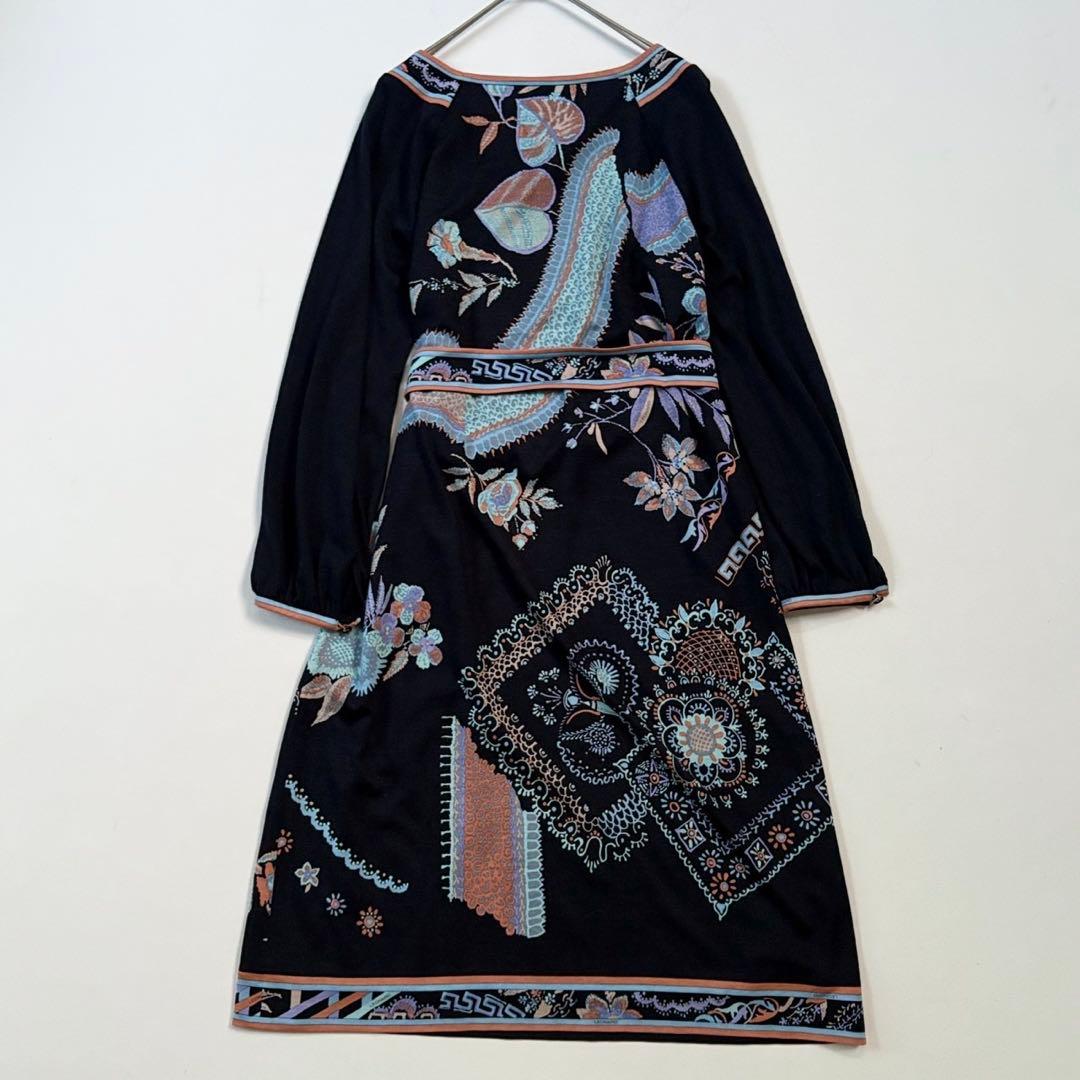 美品✨レオナール シルクウール 素敵な花柄 ワンピース リボン ネイビー