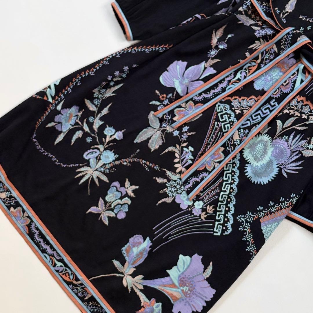 美品✨レオナール シルクウール 素敵な花柄 ワンピース リボン ネイビー