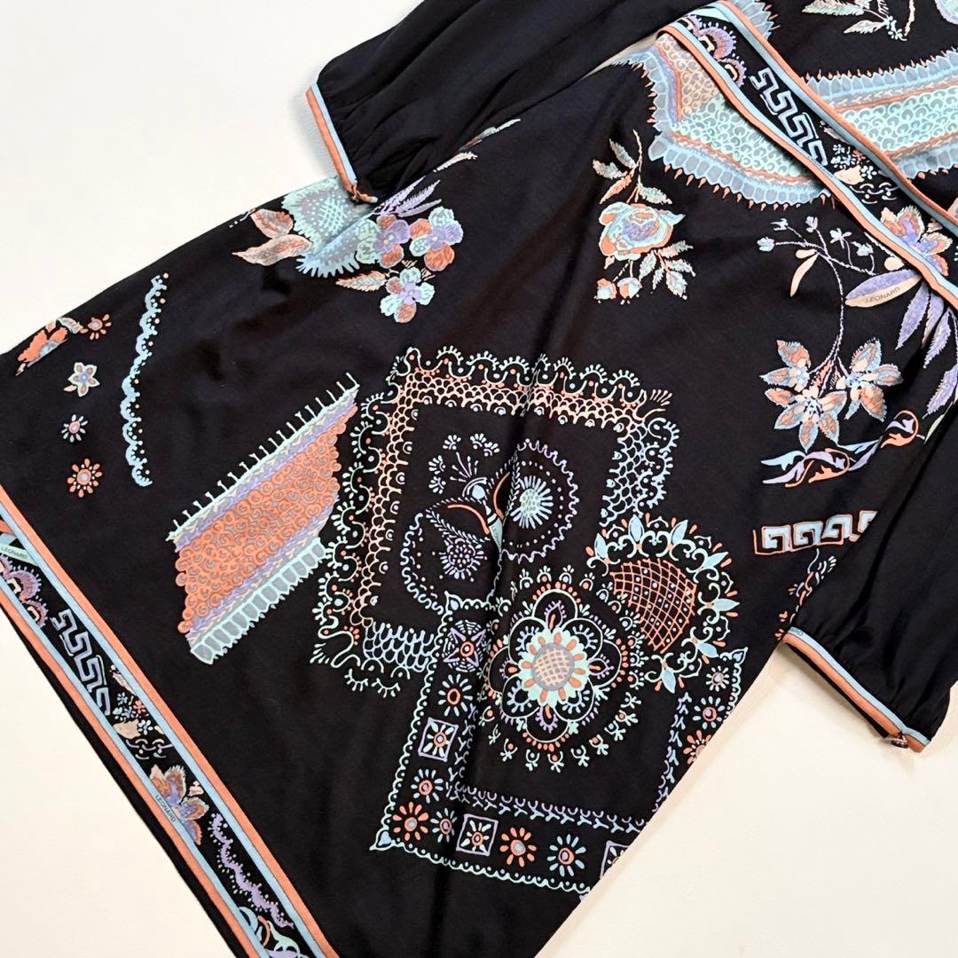 美品✨レオナール シルクウール 素敵な花柄 ワンピース リボン ネイビー