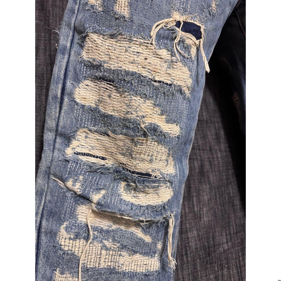 ブランド不明 ハードダメージ加工デニム　ジーンズ インディゴ　デストロイ　YKK