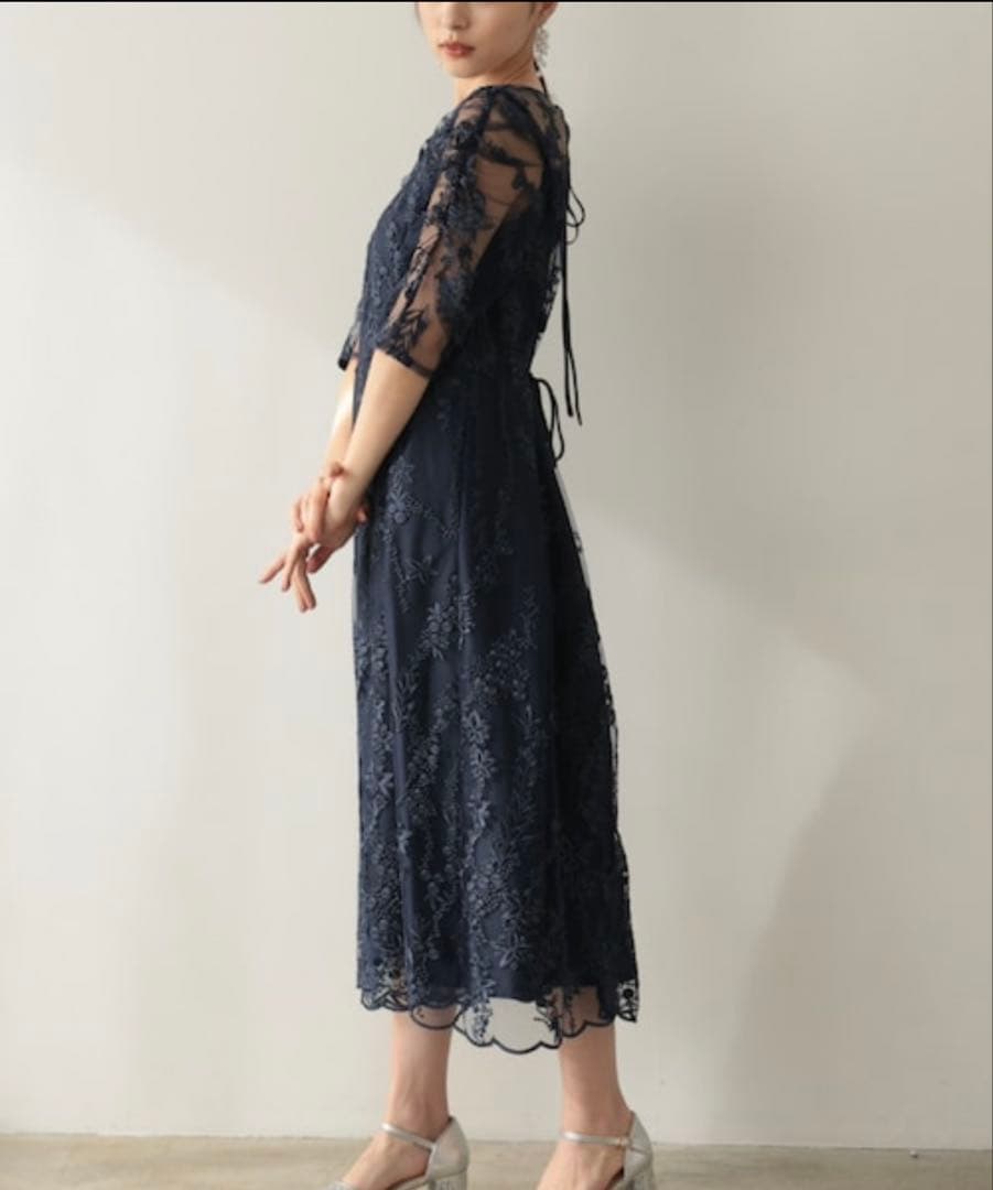 プレフェリール　結婚式　ネイビー　ドレス チュール　刺繍　レース　バックリボン