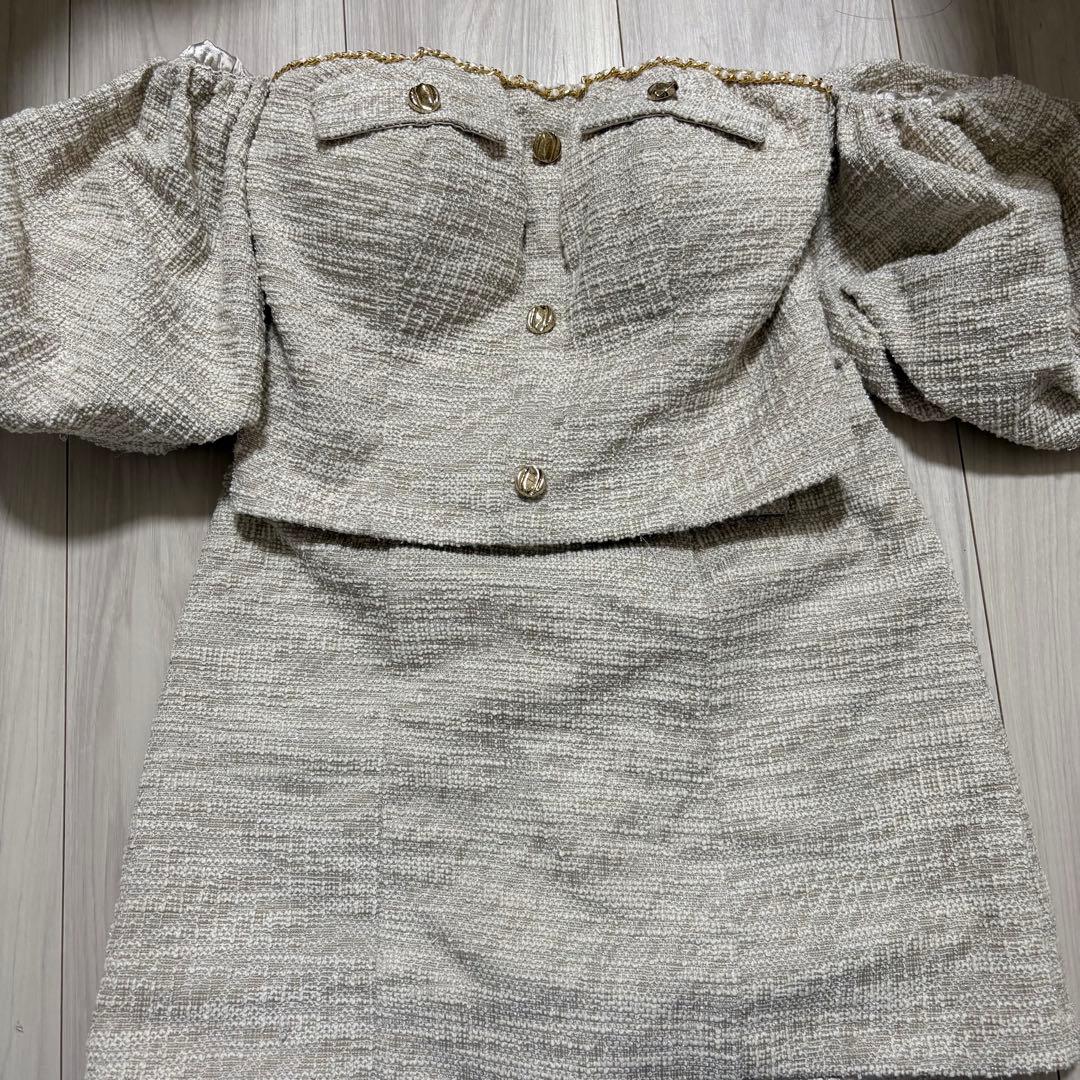 完売品ニットツイードオフショルセットアップタイトミニキャバドレス(fm3269)