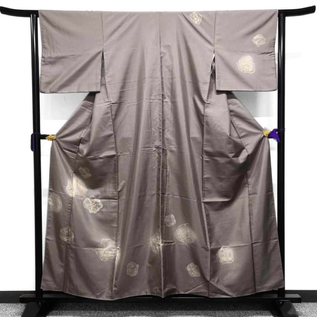 付け下げ　紬　金糸　鷺　花模様　八橋　リーフ　蛇籠　グレー系　着物　062w d