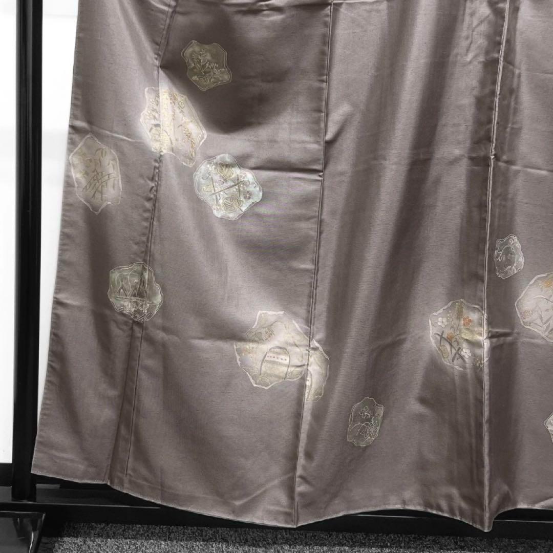 付け下げ　紬　金糸　鷺　花模様　八橋　リーフ　蛇籠　グレー系　着物　062w d