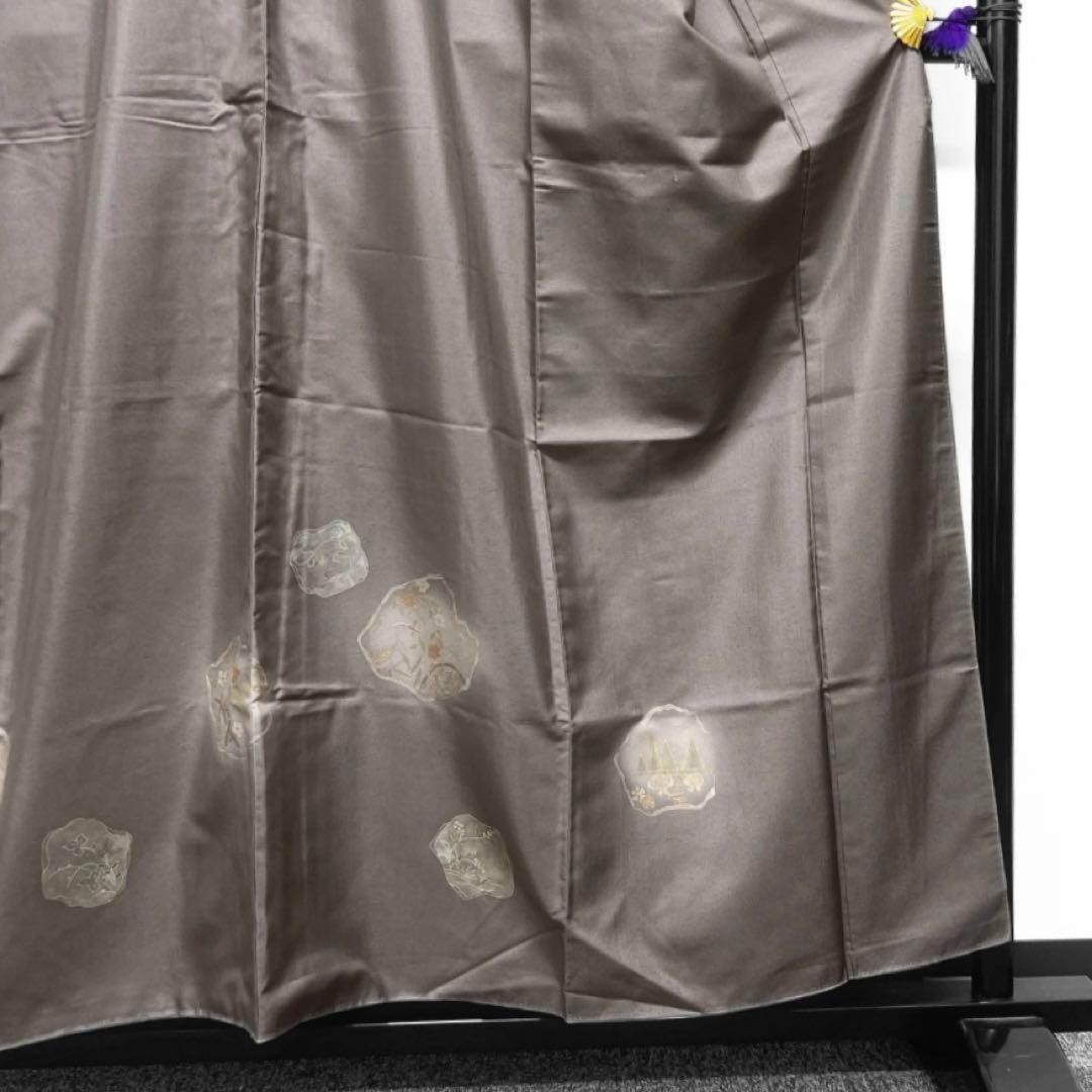 付け下げ　紬　金糸　鷺　花模様　八橋　リーフ　蛇籠　グレー系　着物　062w d