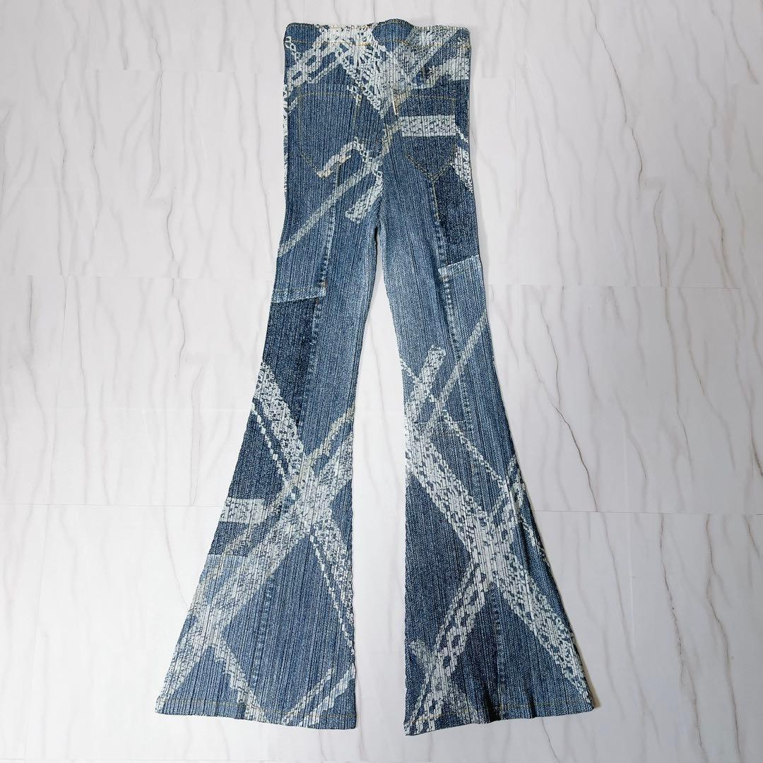 《美品》プリーツプリーズ デニム転写パンツ フレアパンツ size1
