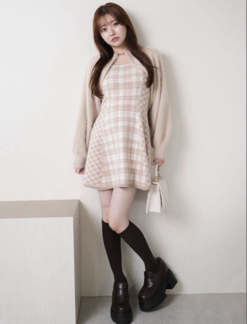 LIP SERVICE アイボリー M ワンピース フェザーチェックアンサンブル