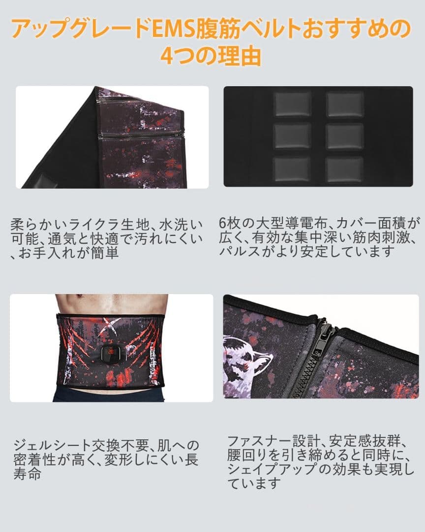 TAAMJOPG 【 洗えるEMS腹筋ベルト】ジェルシート不要 8種類モード