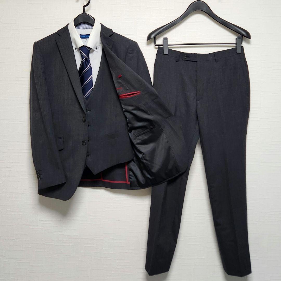 リスペクトネロ　メンズ　スーツ　スリーピース　グレー　ストライプ　細身　ウール混