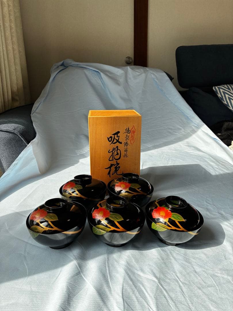 輪島塗 角知作 吸物椀 5客セット 共箱入 椿蒔絵 漆器 天然木 伝統工芸