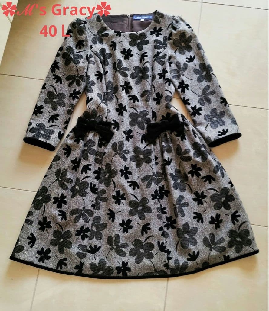 最終価格❤未使用級❤エムズグレイシー✿ブラウン✿ 花柄✿長袖✿ワンピース✿40Ｌ