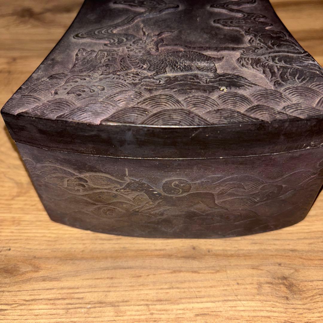 b*h様 希少品　雪浪金星　硯　彫刻入り　大型硯箱 書道用　中国骨董品