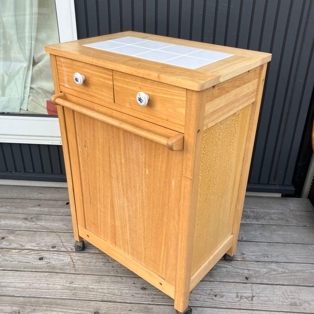②北欧レトロ アイリスオーヤマ 木製 タイル張り キッチンワゴン ダストボックス