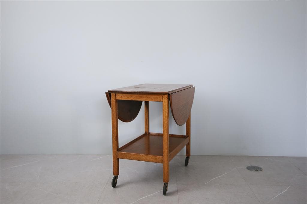 英国アンティーク木製ドロップリーフトロリーテーブル/収納式机ワゴン(91-179