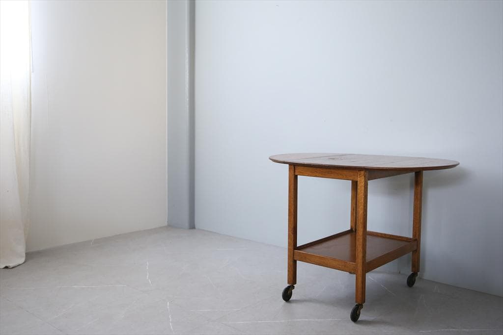 英国アンティーク木製ドロップリーフトロリーテーブル/収納式机ワゴン(91-179