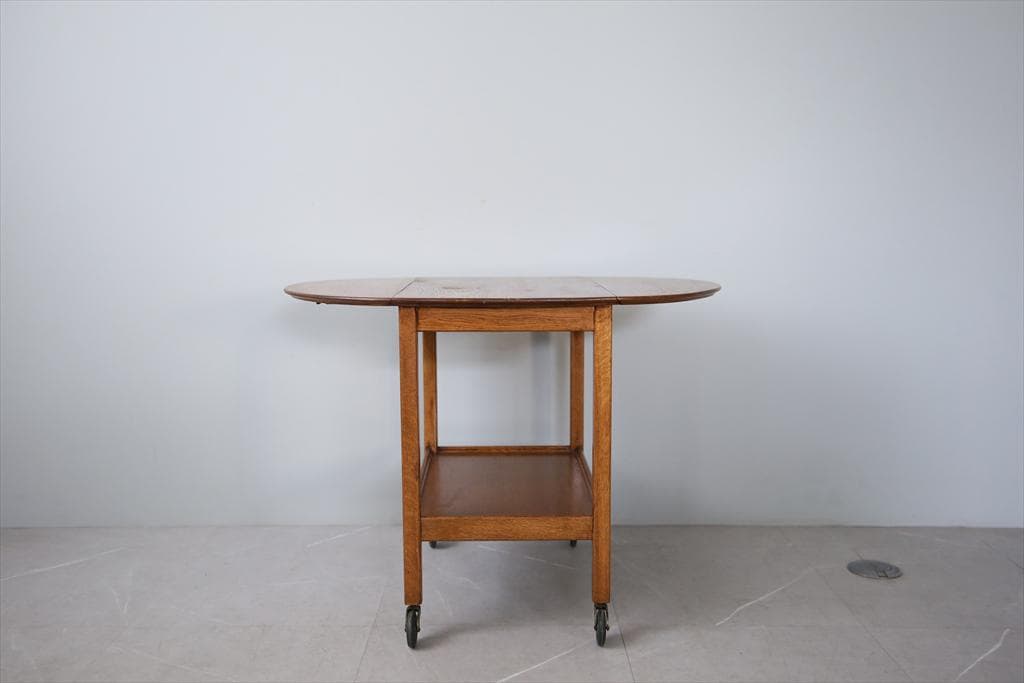 英国アンティーク木製ドロップリーフトロリーテーブル/収納式机ワゴン(91-179