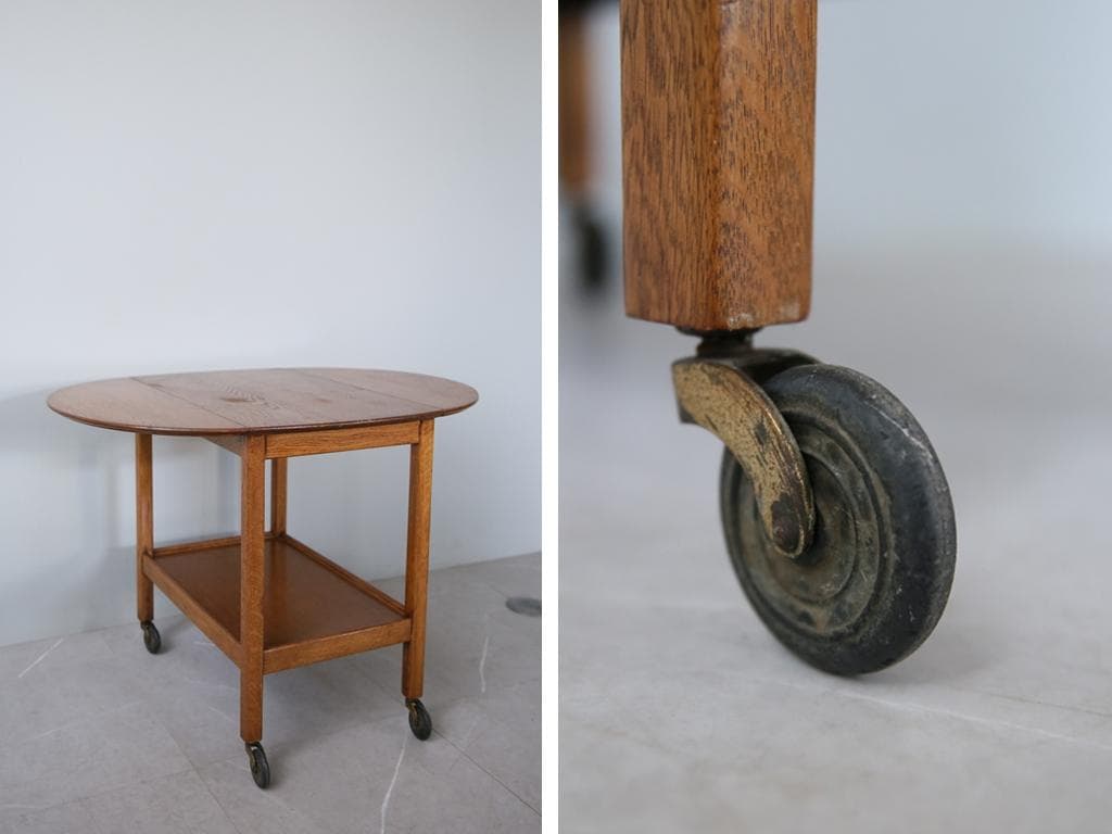 英国アンティーク木製ドロップリーフトロリーテーブル/収納式机ワゴン(91-179