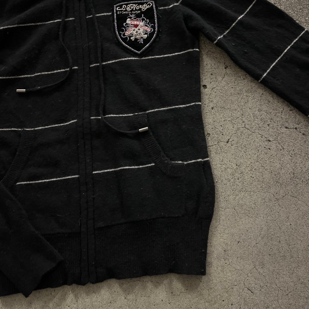 エドハーディー　ジップパーカー　 ボーダー　刺繍　ブラック　y2k平成ギャル