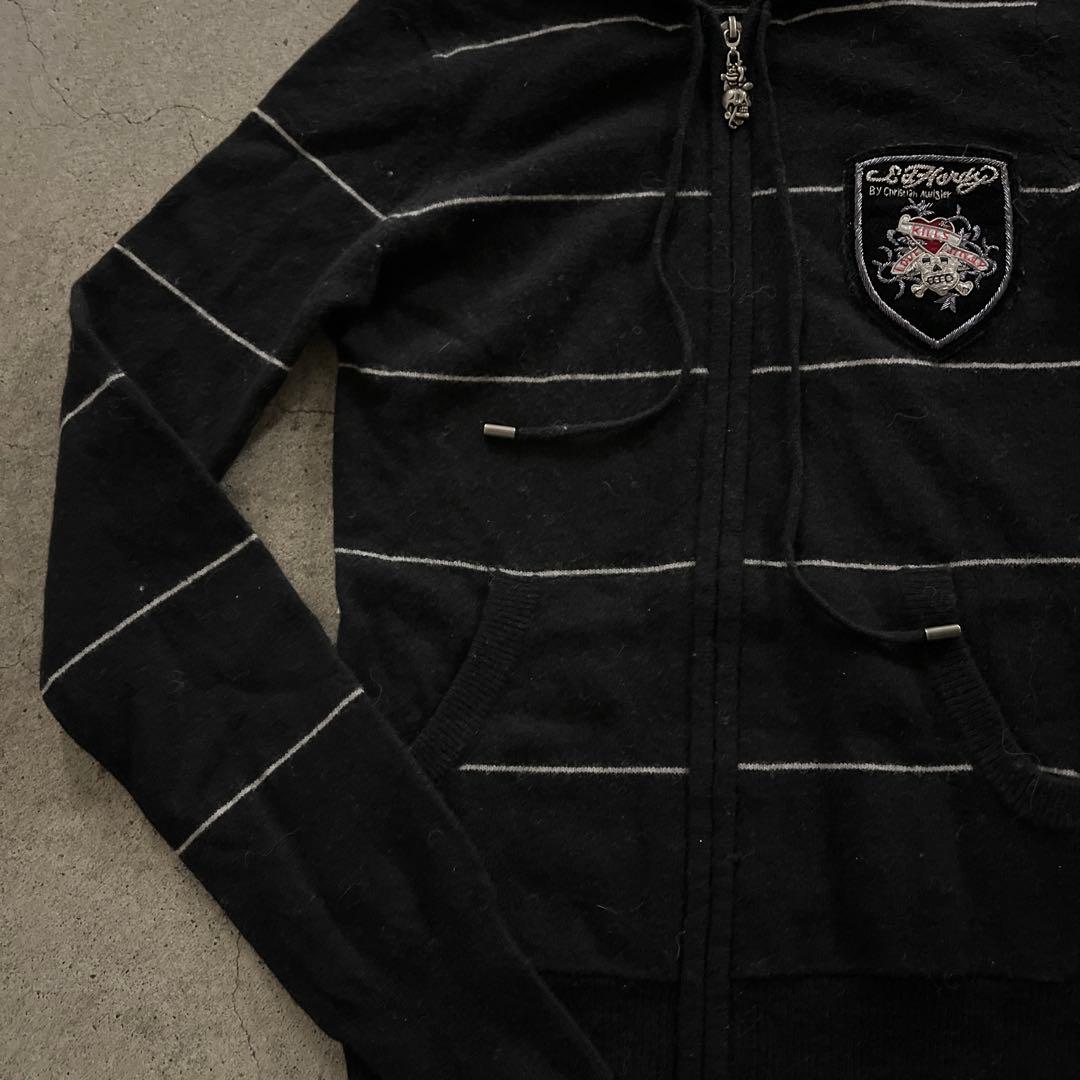 エドハーディー　ジップパーカー　 ボーダー　刺繍　ブラック　y2k平成ギャル