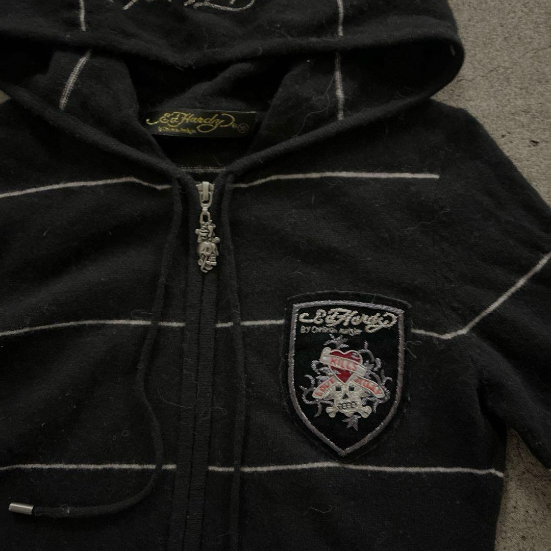 エドハーディー　ジップパーカー　 ボーダー　刺繍　ブラック　y2k平成ギャル