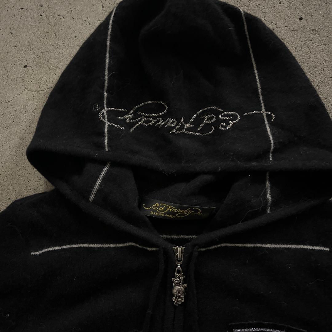 エドハーディー　ジップパーカー　 ボーダー　刺繍　ブラック　y2k平成ギャル