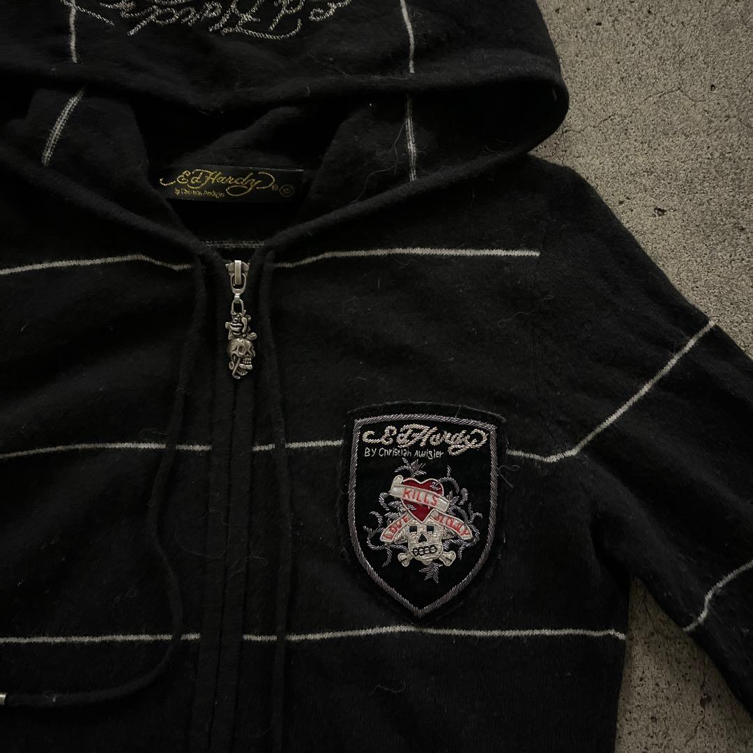 エドハーディー　ジップパーカー　 ボーダー　刺繍　ブラック　y2k平成ギャル