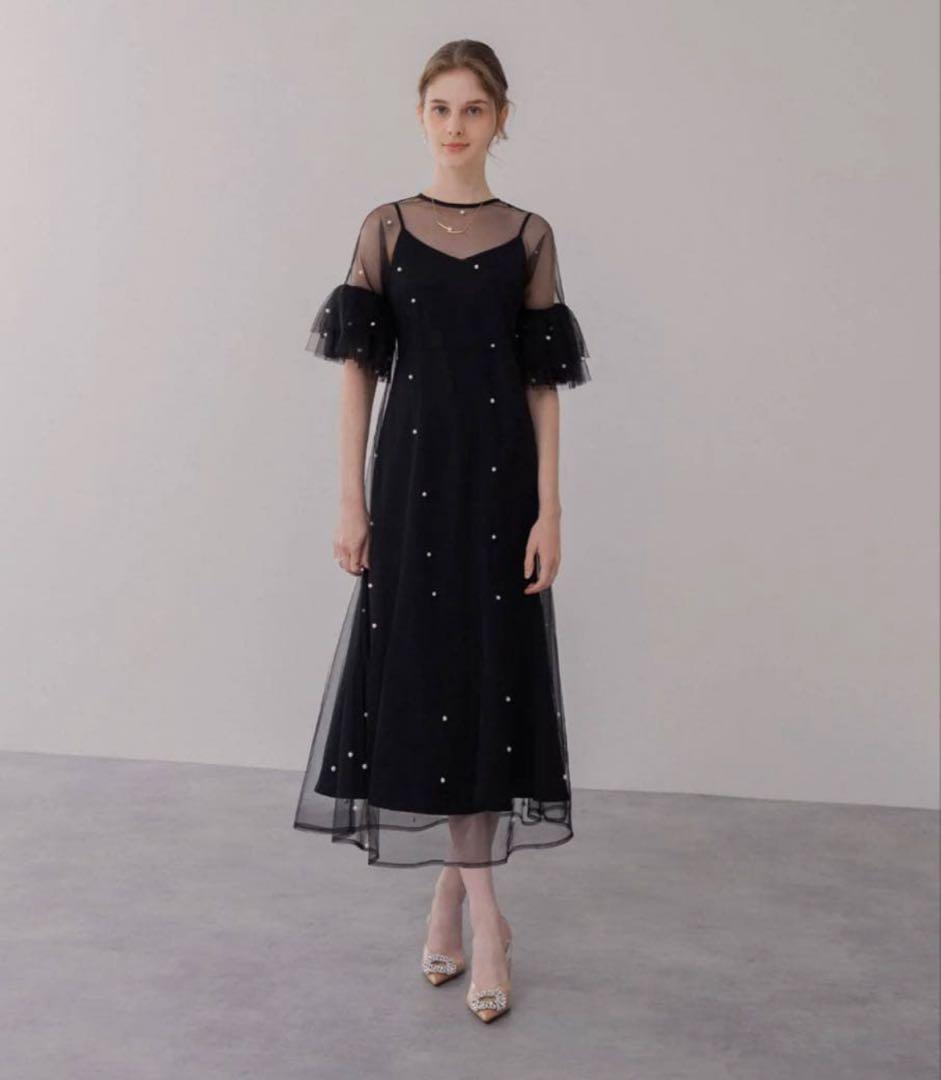 LEJA ティアードフリルスリーブレイヤードパールワンピースドレス