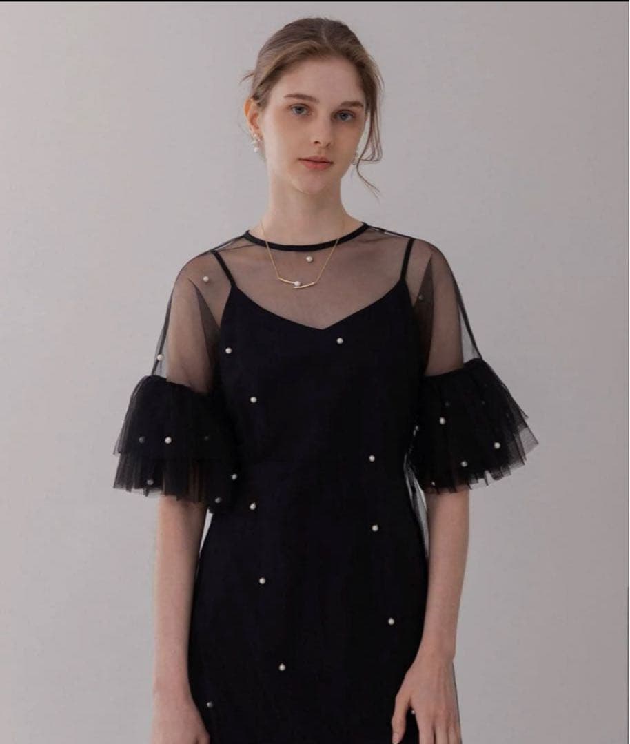 LEJA ティアードフリルスリーブレイヤードパールワンピースドレス