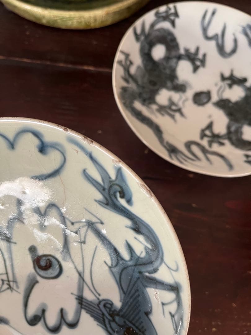 中国骨董　明代 青花 染付 龍紋皿 ショウ州 呉州染付 スワトウ 古染付 6寸皿
