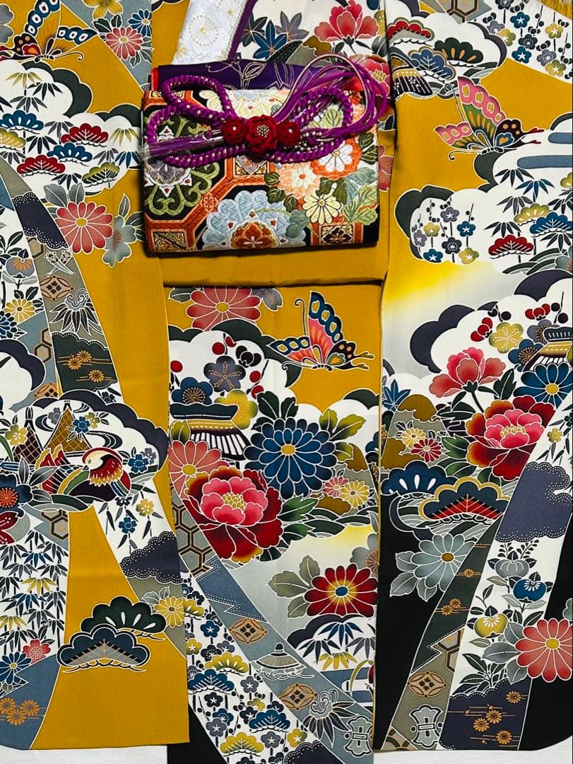 新品　最高級本振袖　京紅型巨匠宮崎良次先生作品 振袖用高級唐織袋帯　フルセット