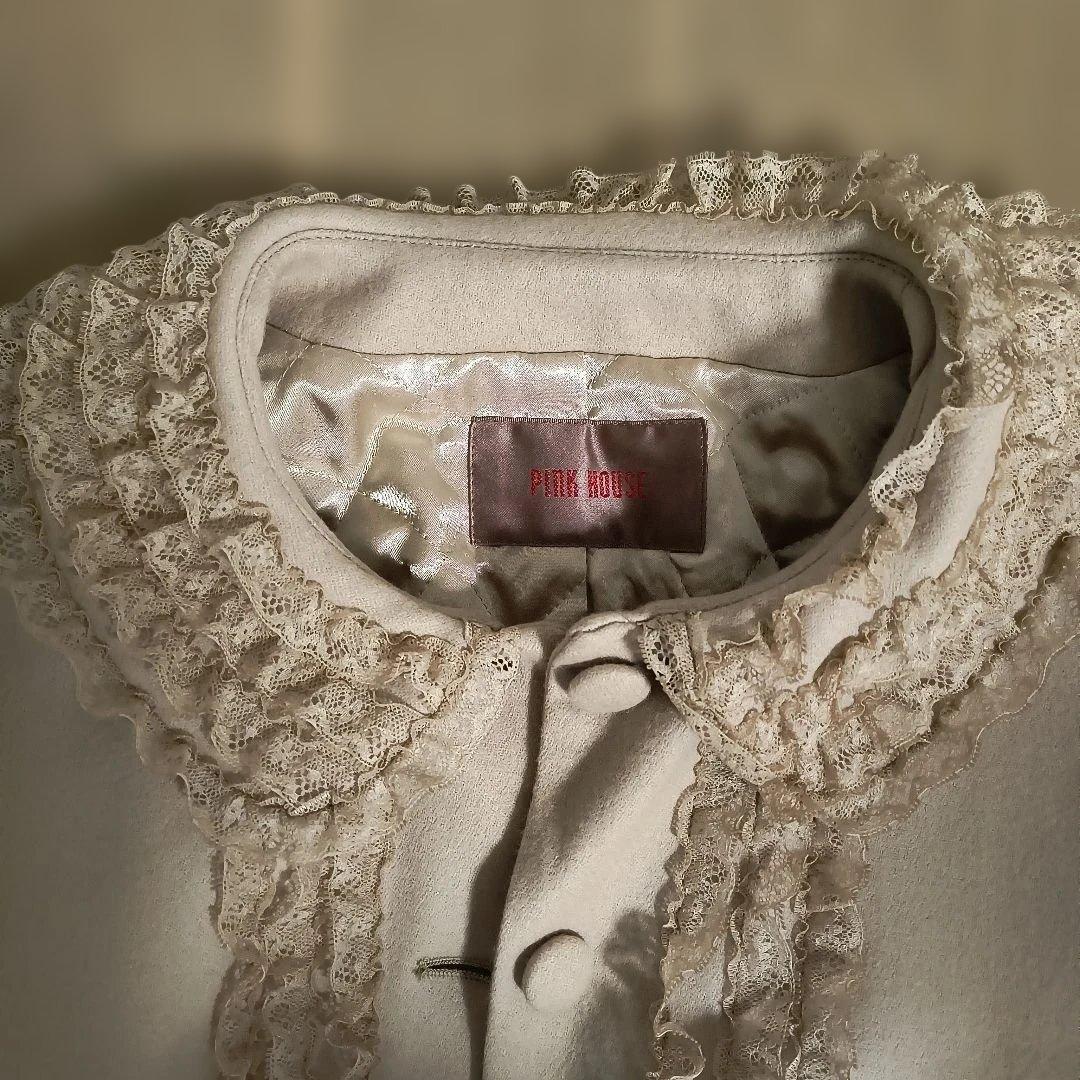 ピンクハウスフリル付きウール混紡ベージュコート（中古品）