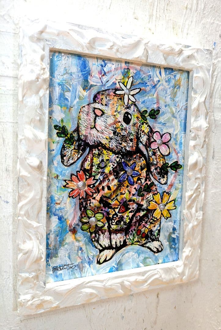 手作り額付き作品　title「静かなる月下の夢ウサギ」