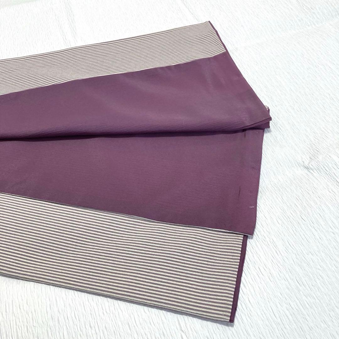 【美品✨】創世舎　洗える着物　小紋　縞　灰白×灰紫　日本製　Lサイズ　トールL3