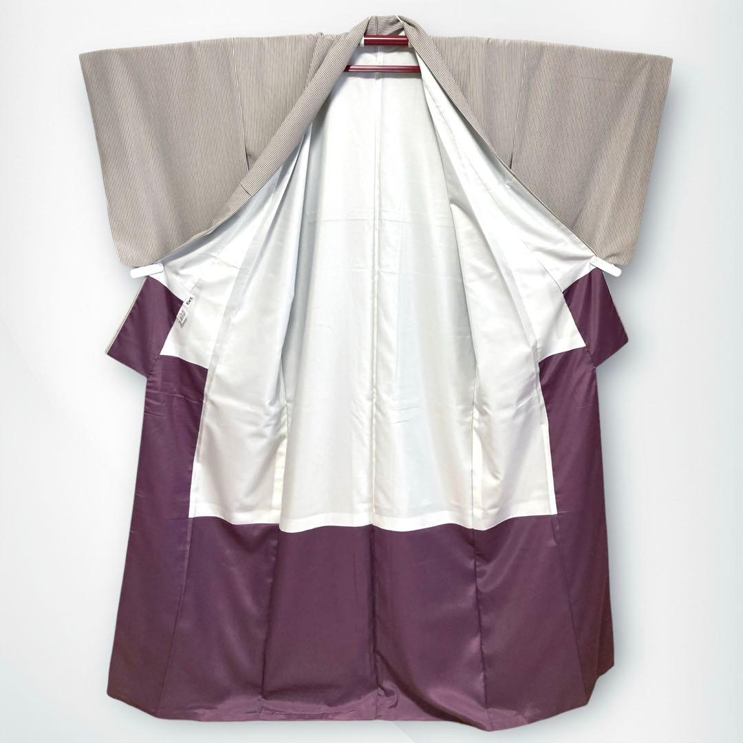 【美品✨】創世舎　洗える着物　小紋　縞　灰白×灰紫　日本製　Lサイズ　トールL3