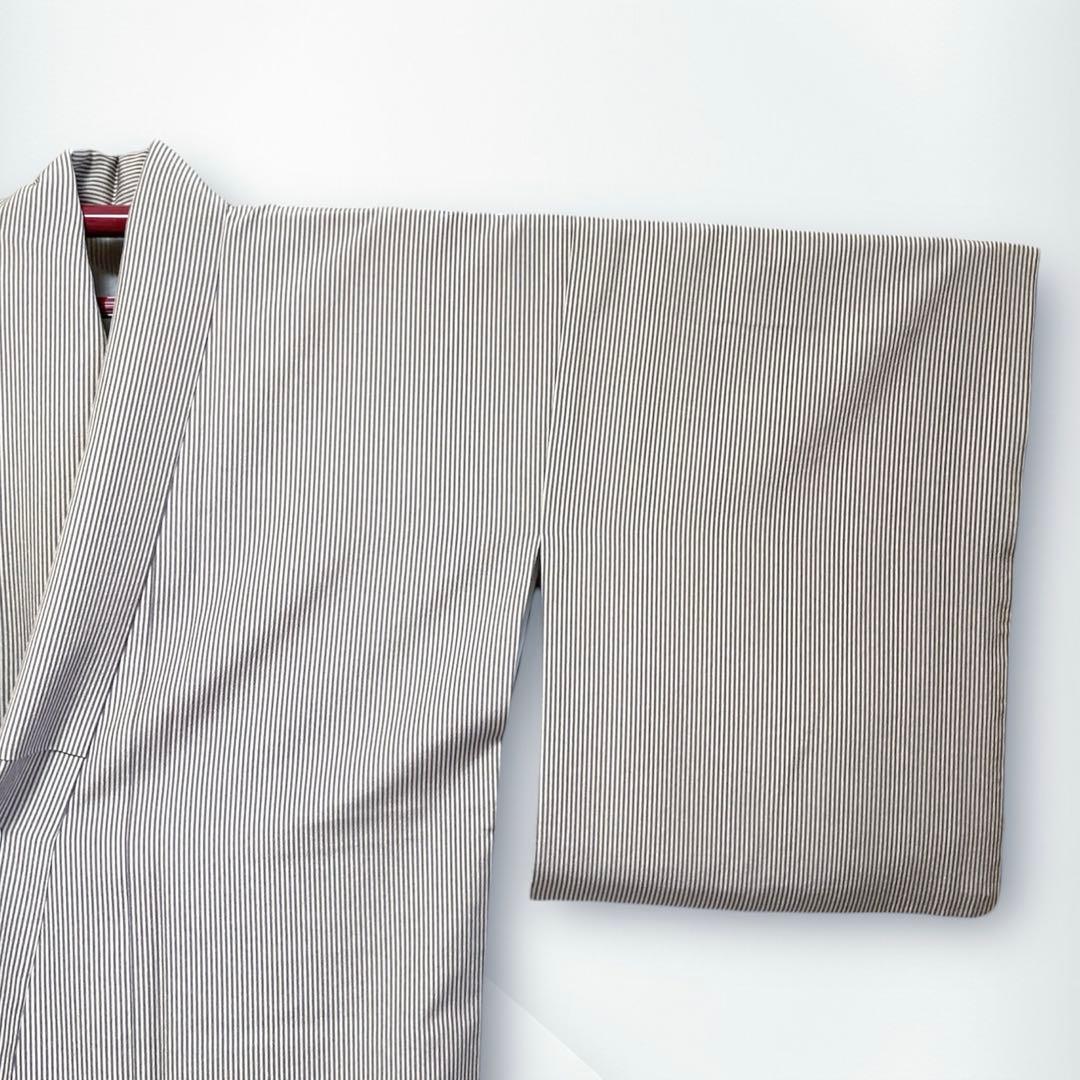 【美品✨】創世舎　洗える着物　小紋　縞　灰白×灰紫　日本製　Lサイズ　トールL3