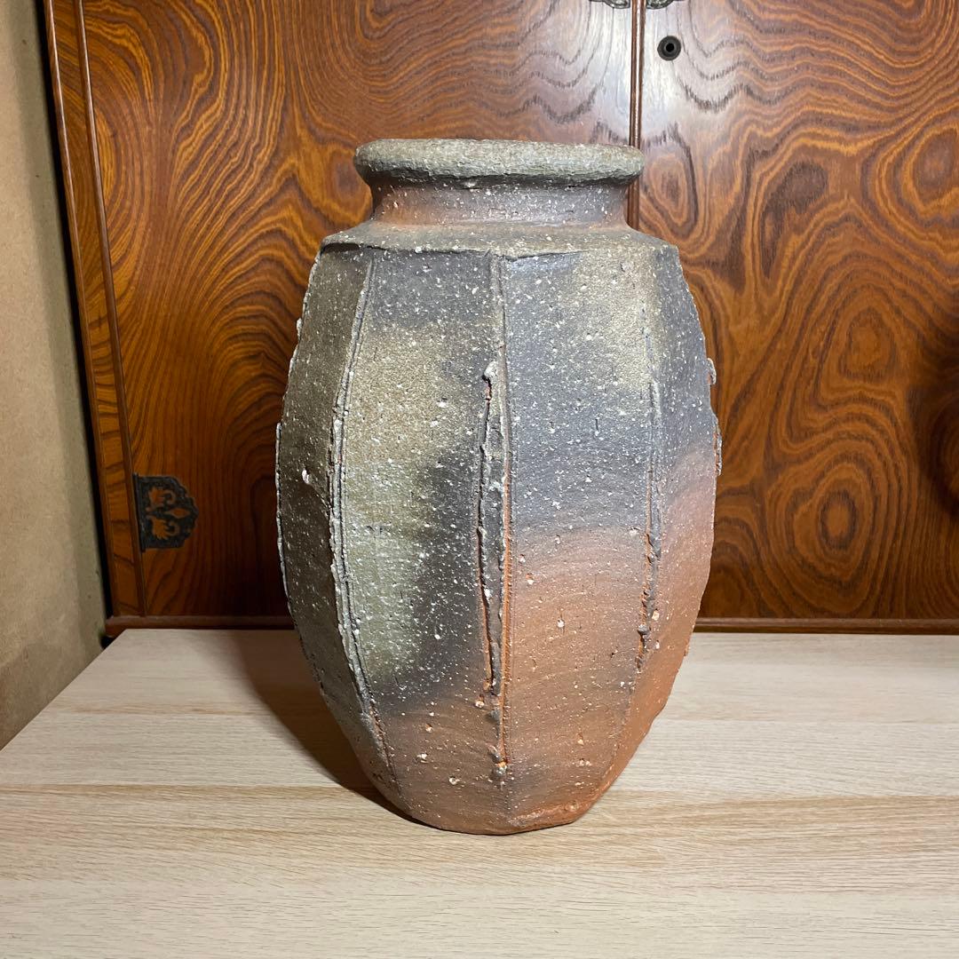 特大優品　人気陶芸家　神山清子　信楽自然釉面取花入　共箱