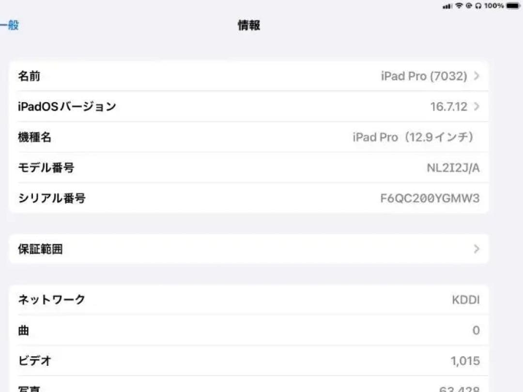 美品iPadPro第1世代 12.9 128GB 箱付 9時間稼働 Povo対応