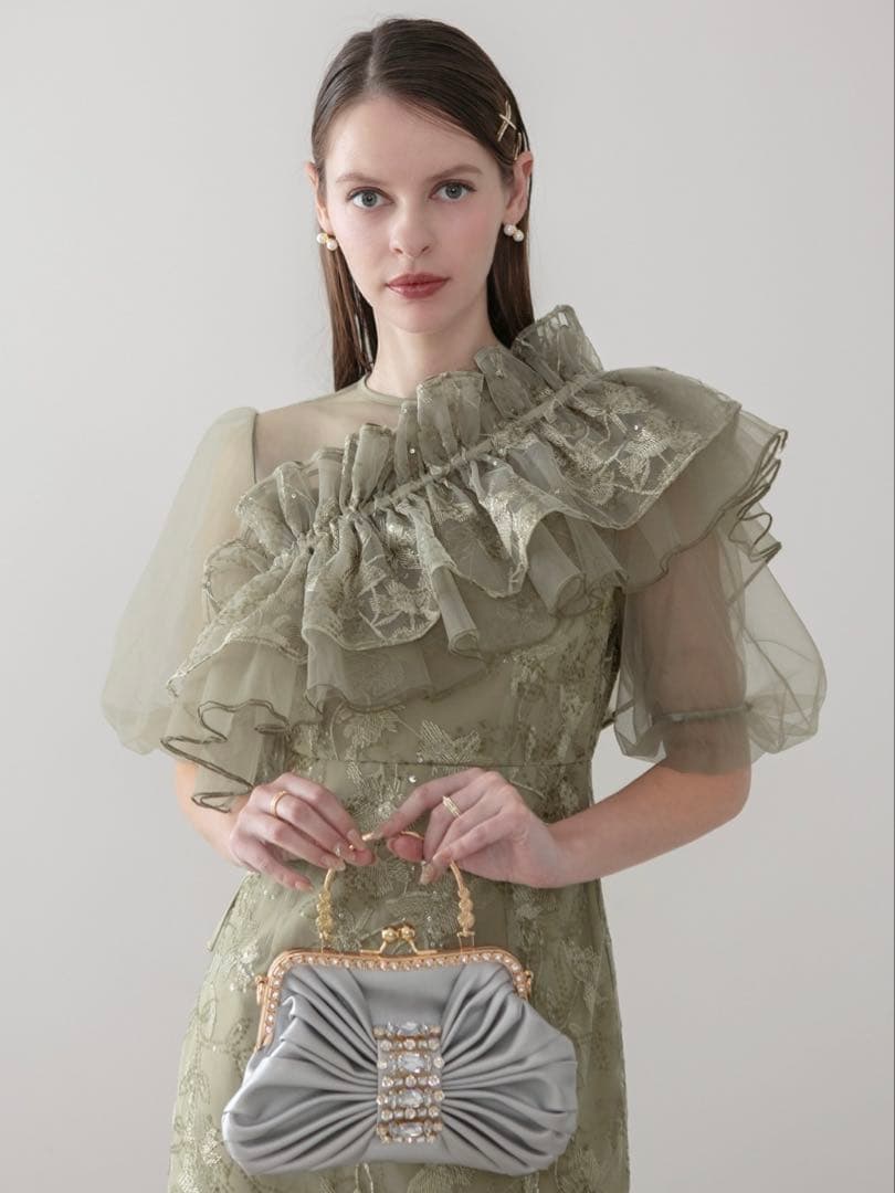 3WAYチュールラッフルフラワースパンコールIラインワンピースドレス結婚式二次会