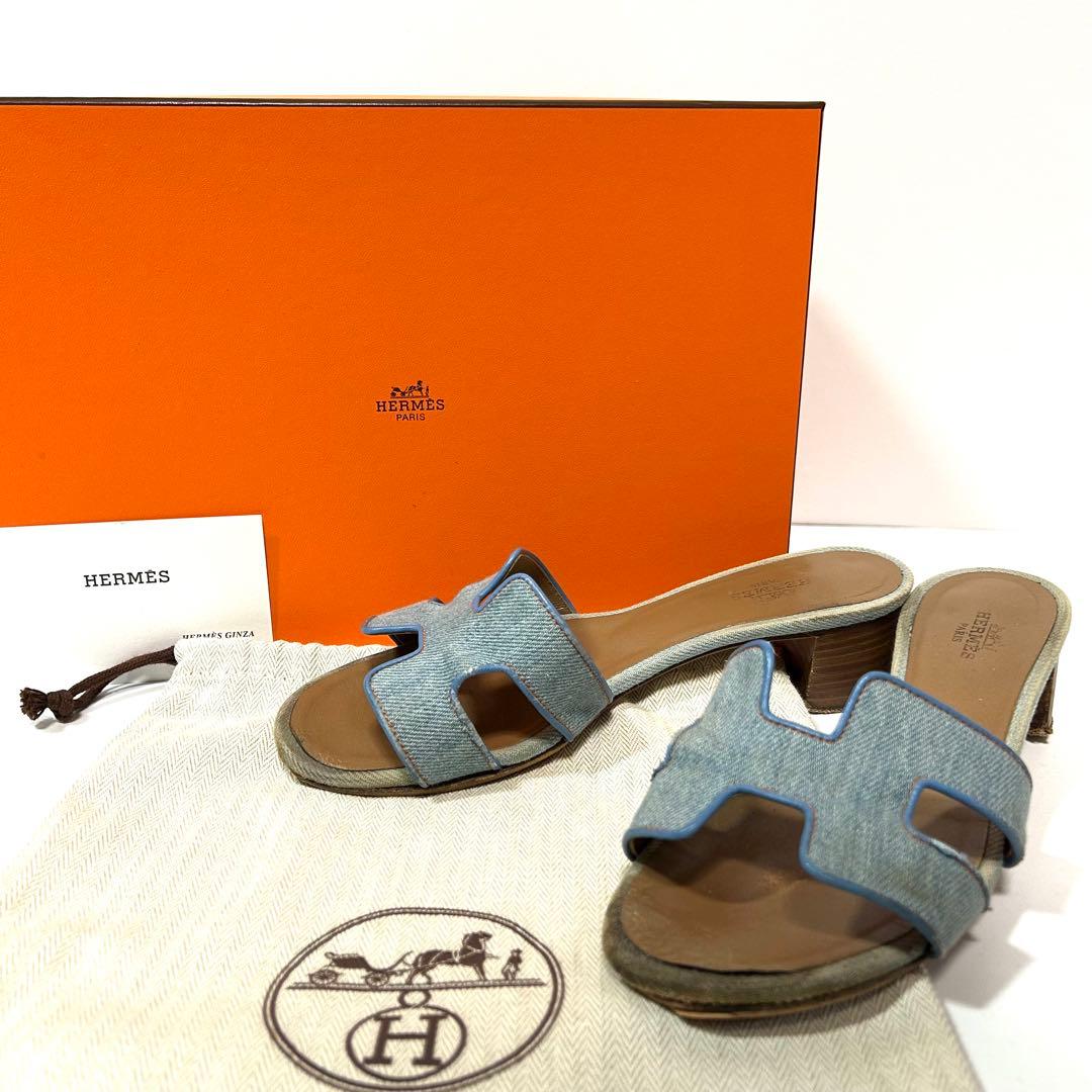 箱袋付き✨エルメス オアジス サンダル 23cm相当 デニム 青　36