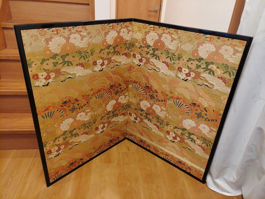 屏風　仕切り　二枚折　 パーテーション　 衝立　鶴図　金糸　西陣織　風炉先屏風